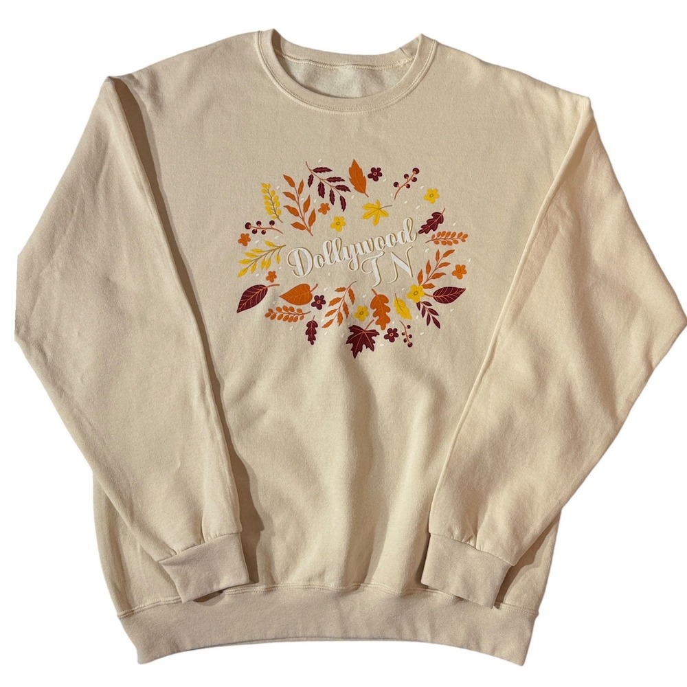 Dollywood TN Fall Leaves Crewneck Sweatshirt Cream Autumn Graphic Pullover L